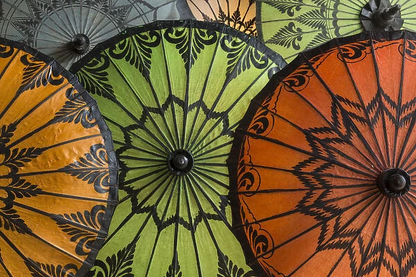 Myanmar, Bagan. Handmade and painted parasols on display in a shop