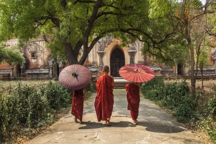 Framed Print : Myanmar, Bagan. Novice monks in front of temple