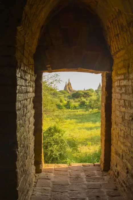 Framed Print : Myanmar. Bagan. View of some pagodas from inside a temple
