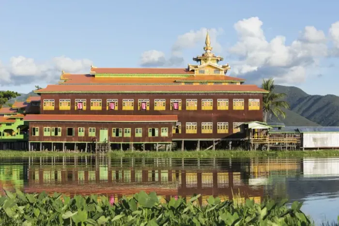Framed Print : Myanmar, Inle Lake. Nga Phe Chaung Kyaung Monastary reflected in Inle Lake