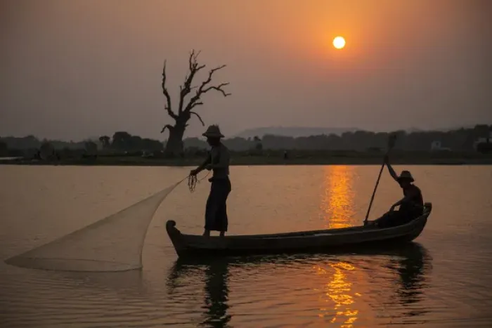 Framed Print : Myanmar, Mandalay, Amarapura. Fishermen on Irrawaddy River Framed Print : Myanmar, Mandalay, Amarapura. Fishermen on Irrawaddy River