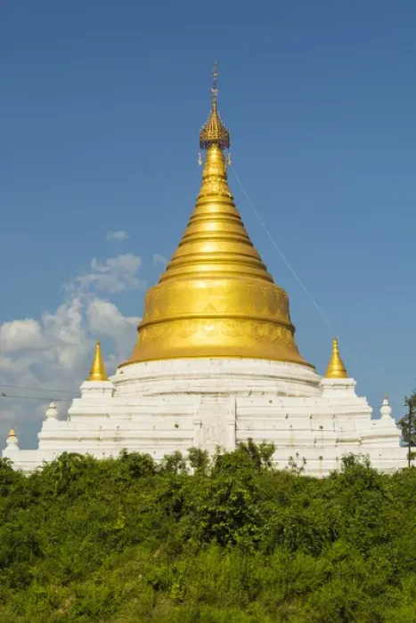 Framed Print : Myanmar. Mandalay. Inwa. Bright golden pagoda in the trees Framed Print : Myanmar. Mandalay. Inwa. Bright golden pagoda in the trees