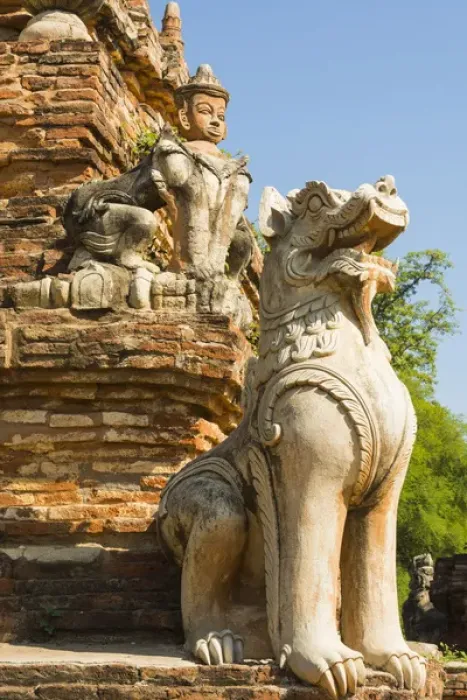 Framed Print : Myanmar. Mandalay. Inwa. Red brick stupa. Lion guardian Framed Print : Myanmar. Mandalay. Inwa. Red brick stupa. Lion guardian