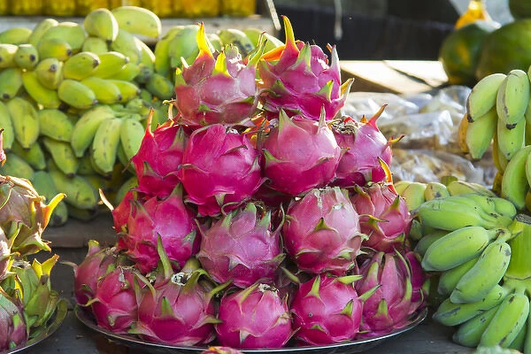 Myanmar. Mt Popa. Dragonfruit for sale in a market