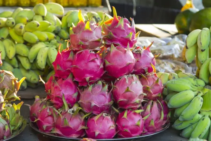 Framed Print : Myanmar. Mt Popa. Dragonfruit for sale in a market Framed Print : Myanmar. Mt Popa. Dragonfruit for sale in a market