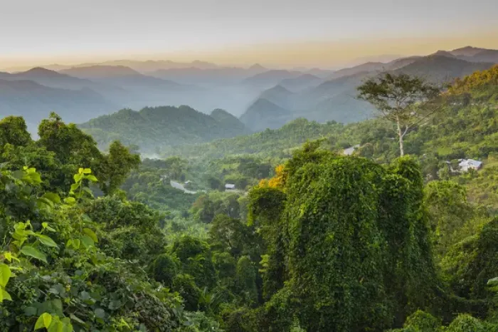 Framed Print : Myanmar. Shan State. Near Kalaw. Sunset over the ridges of haze-filled hills Framed Print : Myanmar. Shan State. Near Kalaw. Sunset over the ridges of haze-filled hills