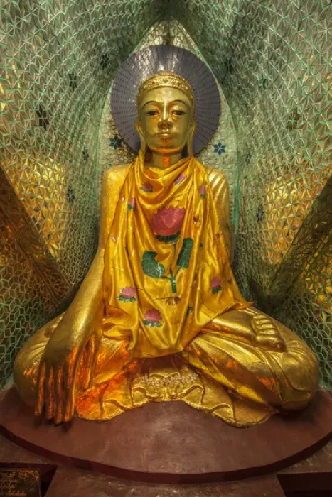 Framed Print : Myanmar, Yangon. Buddha statue in Schwedagon Temple