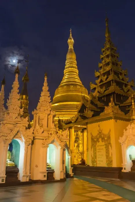 Framed Print : Myanmar, Yangon. Golden stupa and temples of Shwedagon Pagoda at night with moon Framed Print : Myanmar, Yangon. Golden stupa and temples of Shwedagon Pagoda at night with moon