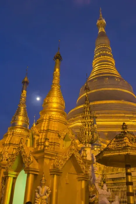 Framed Print : Myanmar, Yangon. Golden stupa and temples of Shwedagon Pagoda at night with moon Framed Print : Myanmar, Yangon. Golden stupa and temples of Shwedagon Pagoda at night with moon