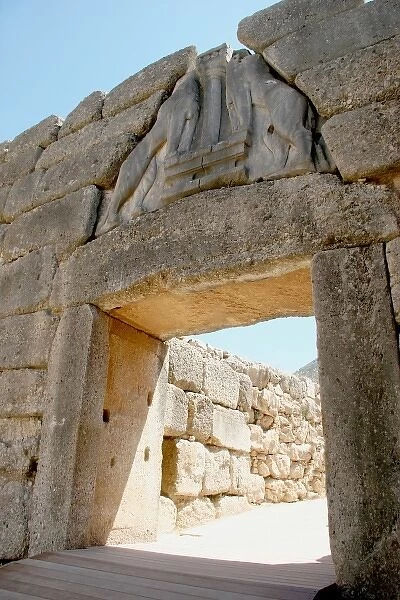 Mycenaean Art. The Lion Gate of Mycenae fortress. Argos, Peloponnese, Greece