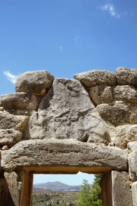 Framed Print : Mycenaean Art. The Lion Gate of Mycenae fortress. View behind the gate. Argos, Peloponnese, Greece Framed Print : Mycenaean Art. The Lion Gate of Mycenae fortress. View behind the gate. Argos, Peloponnese, Greece
