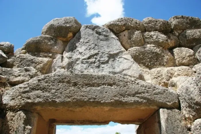 Framed Print : Mycenaean Art. The Lion Gate of Mycenae fortress. View behind the gate. Argos, Peloponnese, Greece Framed Print : Mycenaean Art. The Lion Gate of Mycenae fortress. View behind the gate. Argos, Peloponnese, Greece