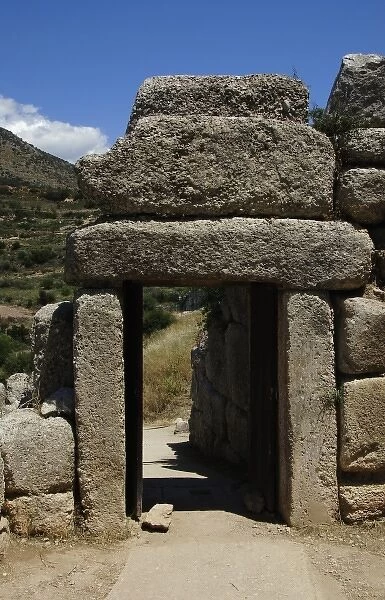 Mycenaen Art. Greece. North Gate built around 1250 BC with four blocks of monolithic conglomerate