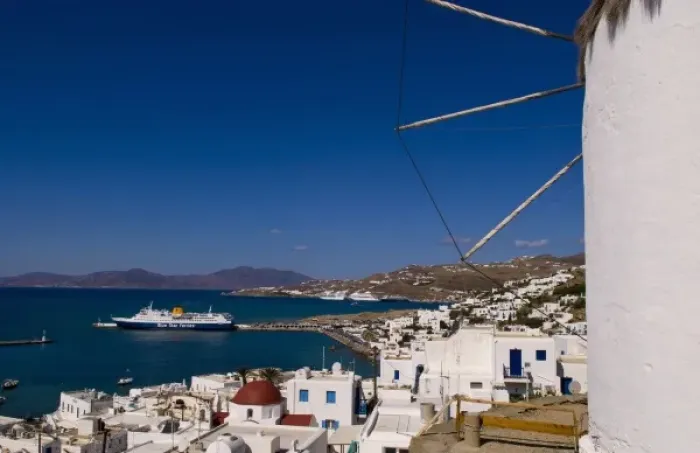 Framed Print : Mykonos, Greece harbor with Blue Star Ferries has docked