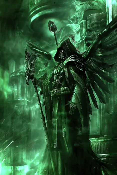 Framed Print : Mystical male figure with wings and staff. (AI Generated) Framed Print : Mystical male figure with wings and staff. (AI Generated)