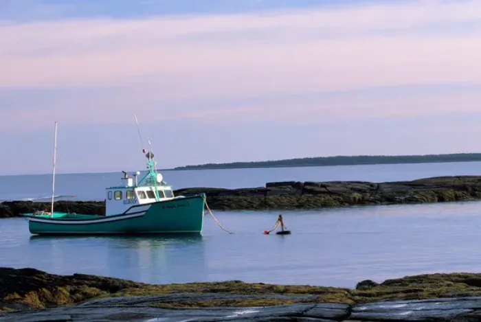 Framed Print : N. A. Canada, Nova Scotia, Blue Rocks. Lobster boat in quiet bay early morning Framed Print : N. A. Canada, Nova Scotia, Blue Rocks. Lobster boat in quiet bay early morning
