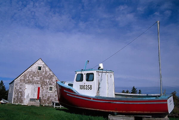 N. A. Canada, Nova Scotia, Blue Rocks. Lobster boat on dry land