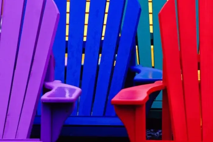 Framed Print : N. A. Canada, Nova Scotia, Bridgewater. Colorful adirondack chairs