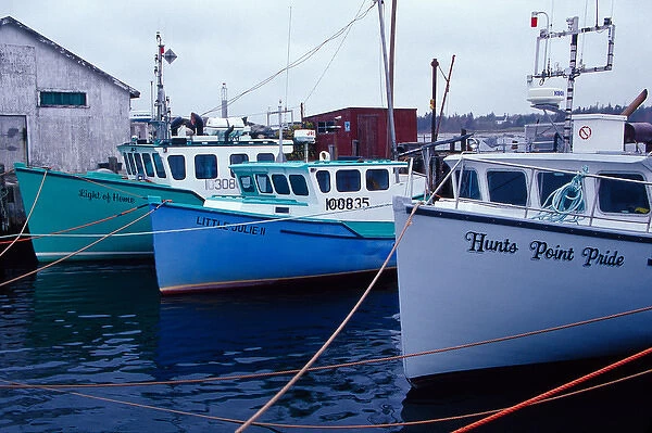N. A. Canada, Nova Scotia, Hunts Point. Lobster boats at dock in harbor