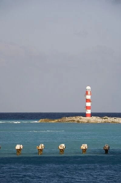 N. A. Mexico, Quintana Roo, Cancun. The Cancun Point Lighthouse located on the point