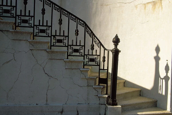 N. A. USA, Georgia, Savannah. Wrought iron railing & steps with shadow detail