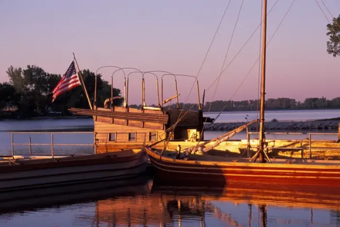 Framed Print : N. A. USA, Iowa, Onawa Wooden keelboat, full-scale replica of their main boat, on Blue Lake