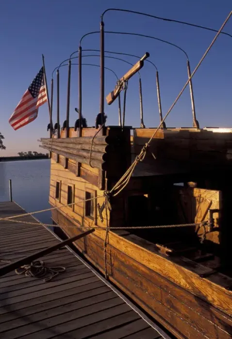Framed Print : N. A. USA, Iowa, Onawa Wooden keelboat, full-scale replica of their main boat, on Blue Lake