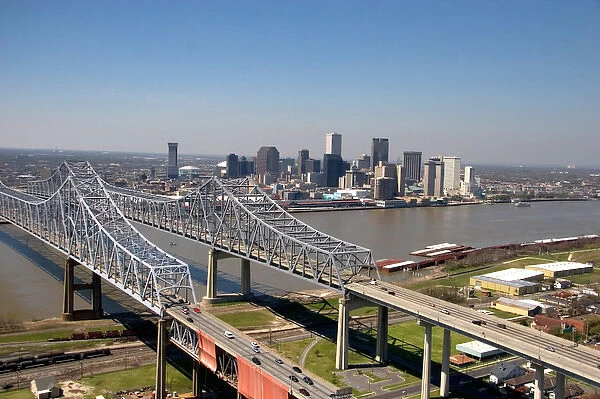 N. A. USA, Louisiana, New Orleans. Aerial of Mississippi River bridges