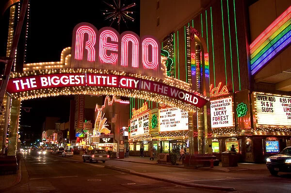 N. A. USA, Nevada, Reno. Neon lights and casinos along Virginia Street