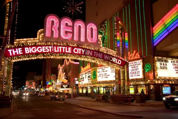 Framed Print : N. A. USA, Nevada, Reno. Neon lights and casinos along Virginia Street