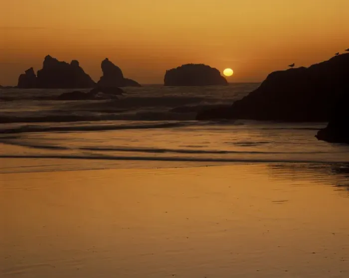 Framed Print : N. A. USA, Oregon, Bandon Beach State Park. Bandon Beach with mirrored seastack reflections
