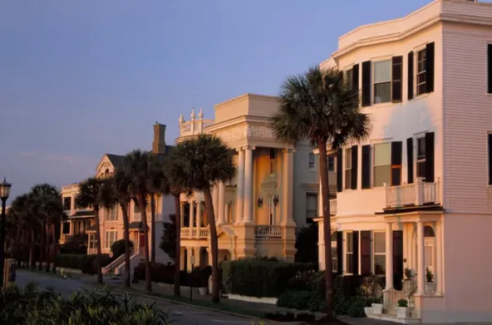 Framed Print : N. A. USA, South Carolina, Charleston. Early morning sunrise on colonial homes