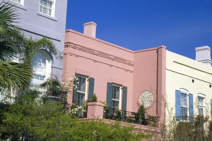 Framed Print : N. A. USA, South Carolina, Charleston. Pastel colored homes in the historic district