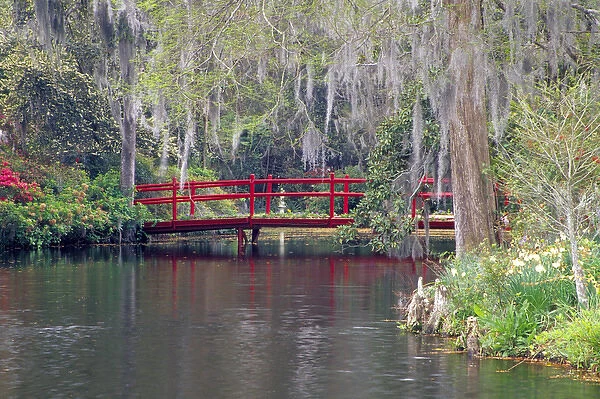 N. A. USA, South Carolina, Charleston. Magnolia Plantation & Gardens. Red bridge
