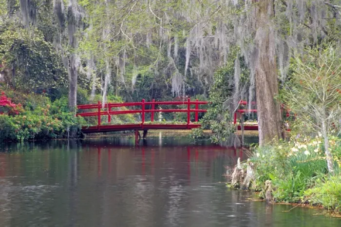 Framed Print : N. A. USA, South Carolina, Charleston. Magnolia Plantation & Gardens. Red bridge Framed Print : N. A. USA, South Carolina, Charleston. Magnolia Plantation & Gardens. Red bridge