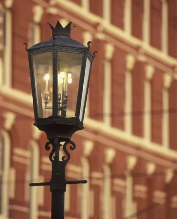Framed Print : N. A. USA, Texas, Galveston Stuart Building (1882) and gaslight lampost at sunset