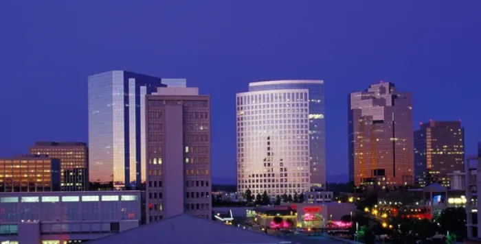 Framed Print : N. A. USA, Washington, Bellevue. Downtown city skyline at dusk