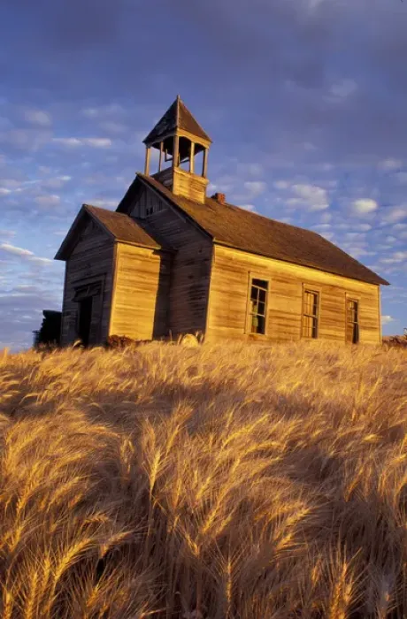 Framed Print : N. A. USA, Washington, Kamiak Butte Old School house and wheat fields