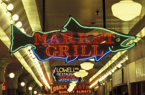 N. A. USA, Washington, Seattle, Downtown. Pike Place Market. Neon signs at market