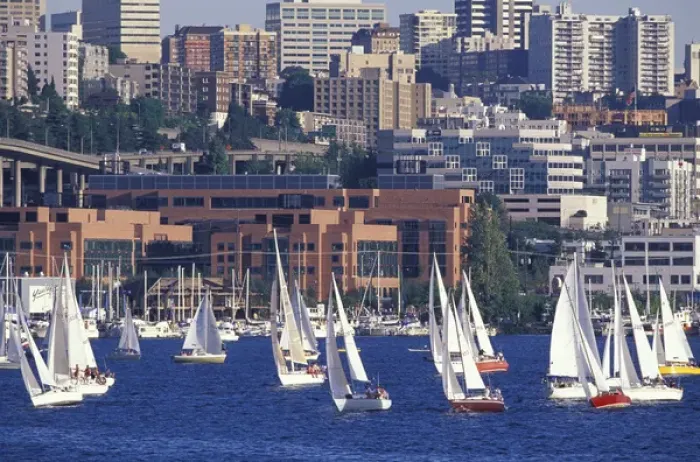 Framed Print : N. A. USA, Washington, Seattle Sail boat race, Lake Union