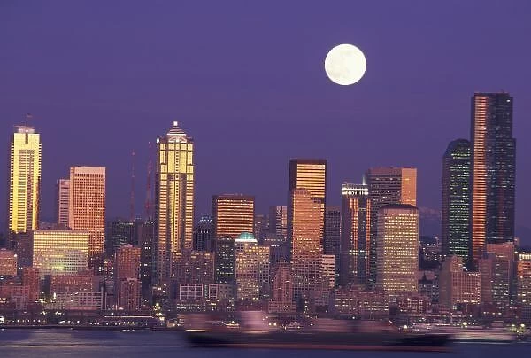 N. A. USA, Washington, Seattle Seattle skyline with full moon
