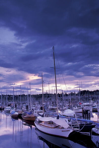 NA, Canada, BC, Comox Harbor, boats at sunset
