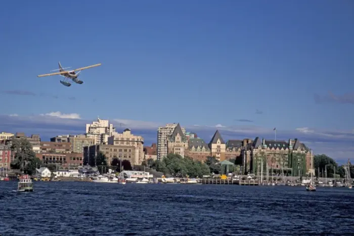 Framed Print : NA, Canada, BC, Victoria Harbor, Kenmore Air float plane makes final approach