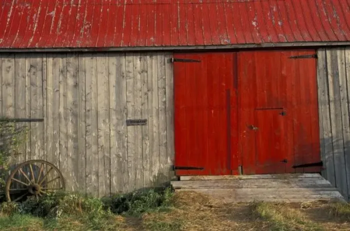 Framed Print : NA, Canada, New Brunswick, Shepody. Red barn door