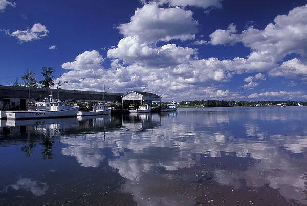 NA, Canada, Prince Edward Island, Murray Harbor Fishing boats and cloud reflections