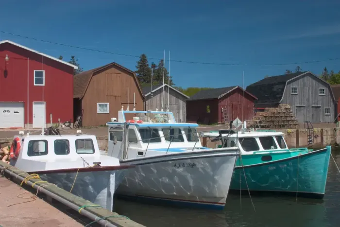 Framed Print : NA, Canada, Prince Edward Island, Malpeque Harbour. Fish sheds and lobster boats Framed Print : NA, Canada, Prince Edward Island, Malpeque Harbour. Fish sheds and lobster boats