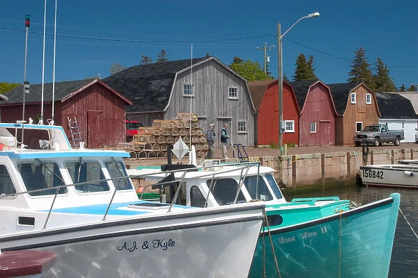 NA, Canada, Prince Edward Island, Malpeque Harbour. Fish sheds and lobster boats