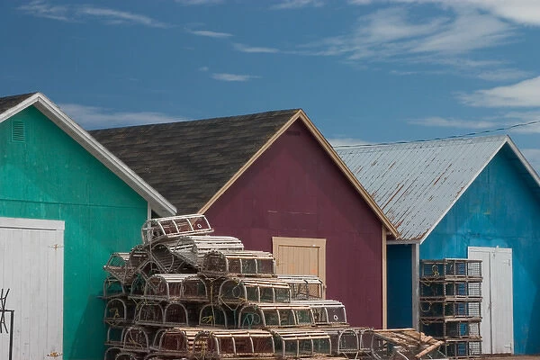 NA, Canada, Prince Edward Island, Malpeque Harbour. Fish sheds and lobster pots