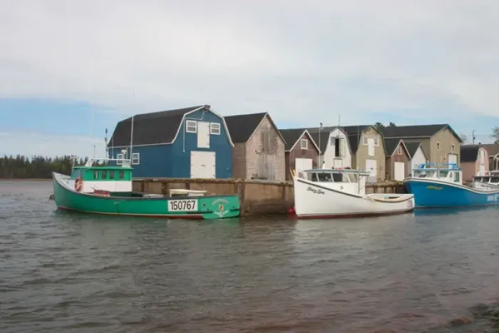 Framed Print : NA, Canada, Prince Edward Island, New London. Fishing sheds and lobster boats in harbour Framed Print : NA, Canada, Prince Edward Island, New London. Fishing sheds and lobster boats in harbour
