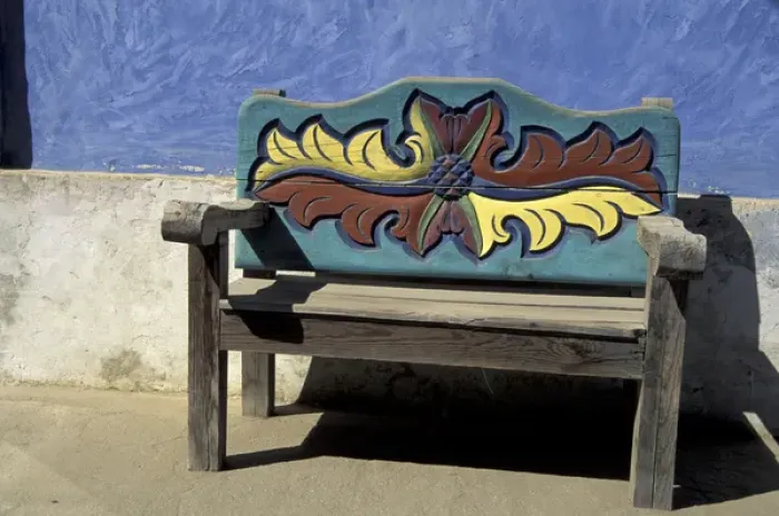 Framed Print : NA, Mexico, Baja, Todos Santos. Carved bench detail